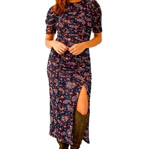 Free People Briella Front Slit Ruched Floral Midi Dress
